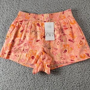 ZARA Orange Multicolor Paisley Printed Lined Shorts Elastic Waist Sz Small NWT‎